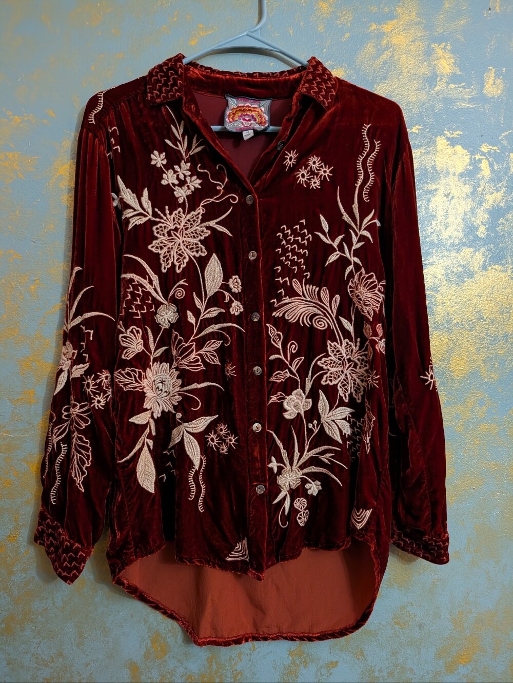 Johnny Was Deep Red Button-Down Shirt with Cream Floral Embroidery Size XS